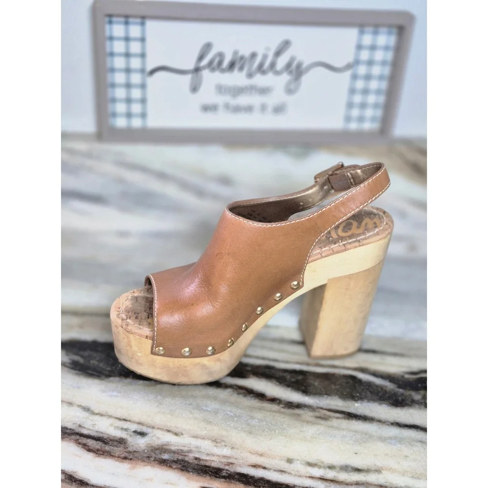 Sam Edelman Marley Tan Leather Wood Platform Studded Slingback Sandals 6.5M